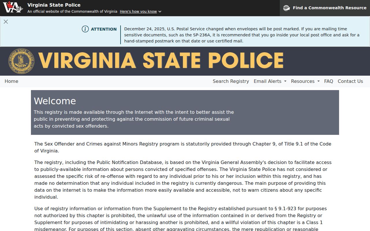 Meadowbrook residents directory Virginia offender registry notice