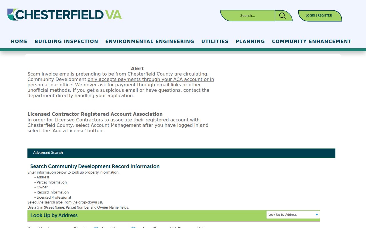 Meadowbrook street directory Chesterfield Accela permit search